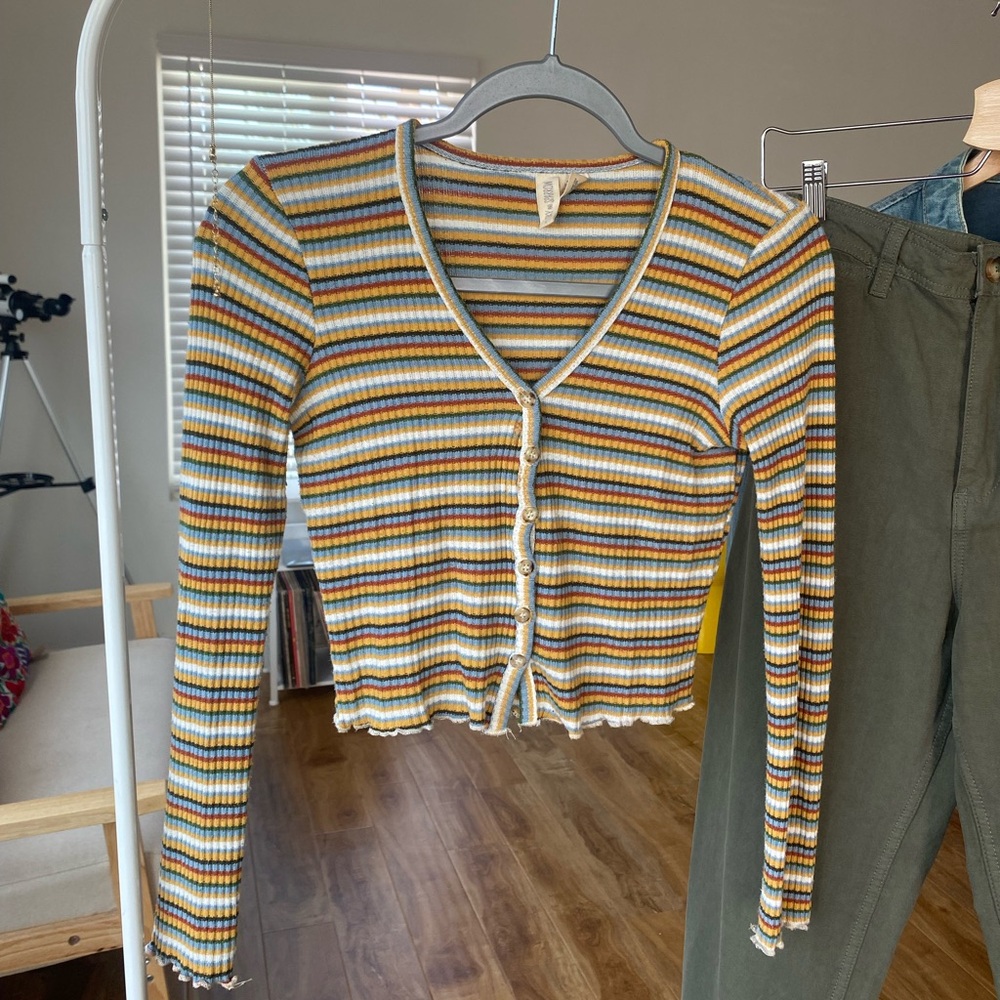 Sky and Sparrow - Long Sleeve Button Down Crop Top - Multicolor Stripes - Size M
